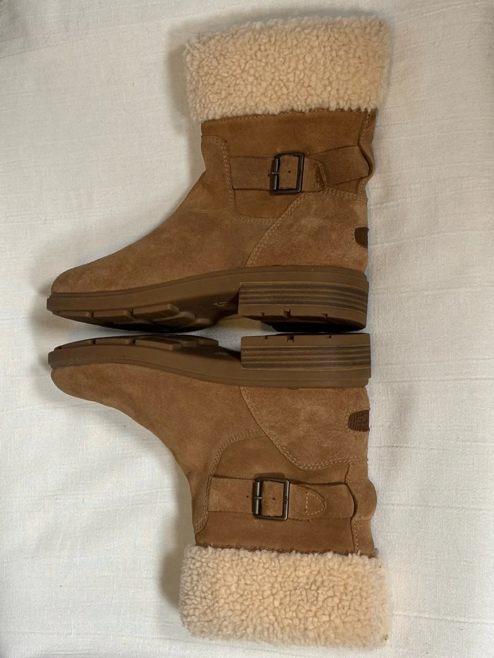 UGG Harrison Cuff Shearling Lined Suede Boots-Chestnut Brown/Cream-Women Size 10